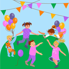 Obraz na płótnie Canvas Children's birthday, holiday. Children's Day. Happy childhood, girls and boys of different ages with colorful balloons have fun and dance. Vector illustration isolated on meadow background