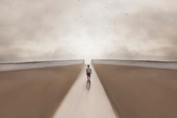 surreal illustration of a boy walking down the chosen road, concept of freedom and life