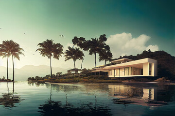 Fototapeta premium modern luxury house next to a pool, tropical environment