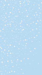 Snowfall overlay christmas background. Subtle flying snow flakes and stars on light blue winter backdrop. Festive snowfall overlay. Vertical vector illustration.
