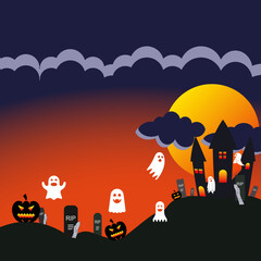 Happy Halloween banner or party invitation background with night clouds and pumpkins. Vector illustration.