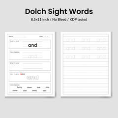 Dolch Sight Words book.Practice educational worksheet for kids.And word tracing book.Preschool kindergarten activity.