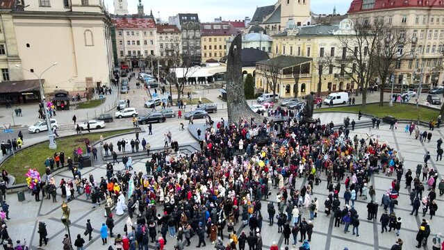 Lviv, Ukraine - January 7, 2022: christmas city crowd fest