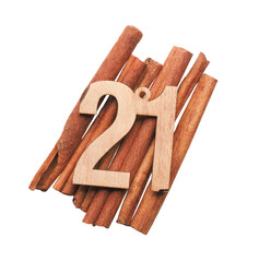 Wooden number twenty one, twenty first December, Advent calendar, wooden number on a transparent background