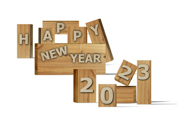 3D illustration New Year concept 2023 design with text on the wooden box on a white color background.