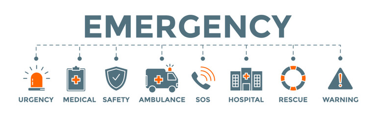 Emergency banner web illustration concept with urgency icon, medical icon, safety icon, ambulance icon, sos, hospital, rescue, and warning icon