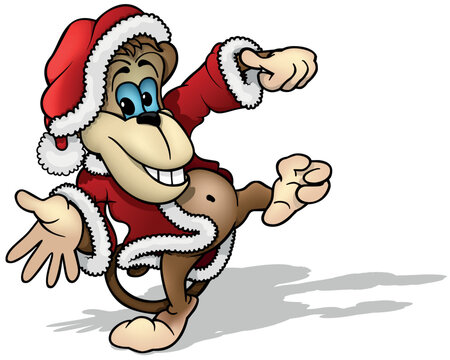 Monkey in a Santa Claus Costume - Colored Cartoon Illustration Isolated on White Background, Vector