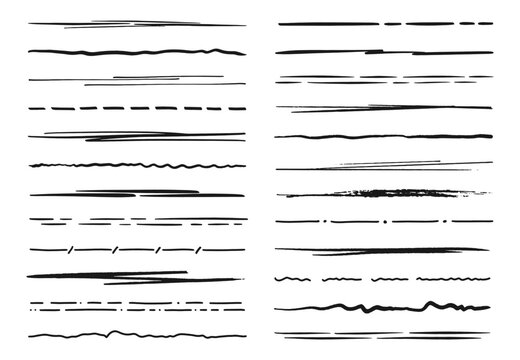 Scribble doodle underlines. Black pen, paint brush or ink rough strokes, grunge vector dash lines or graphic separators. Brush handwritten underlines, borders or scribbles, spacer, divider