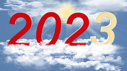 Illustrazione 3D. Anno nuovo 2023. Capodanno, 2023  in numeri, a celebrare l'arrivo del nuovo anno,  sospeso nel cielo tra le nuvole..