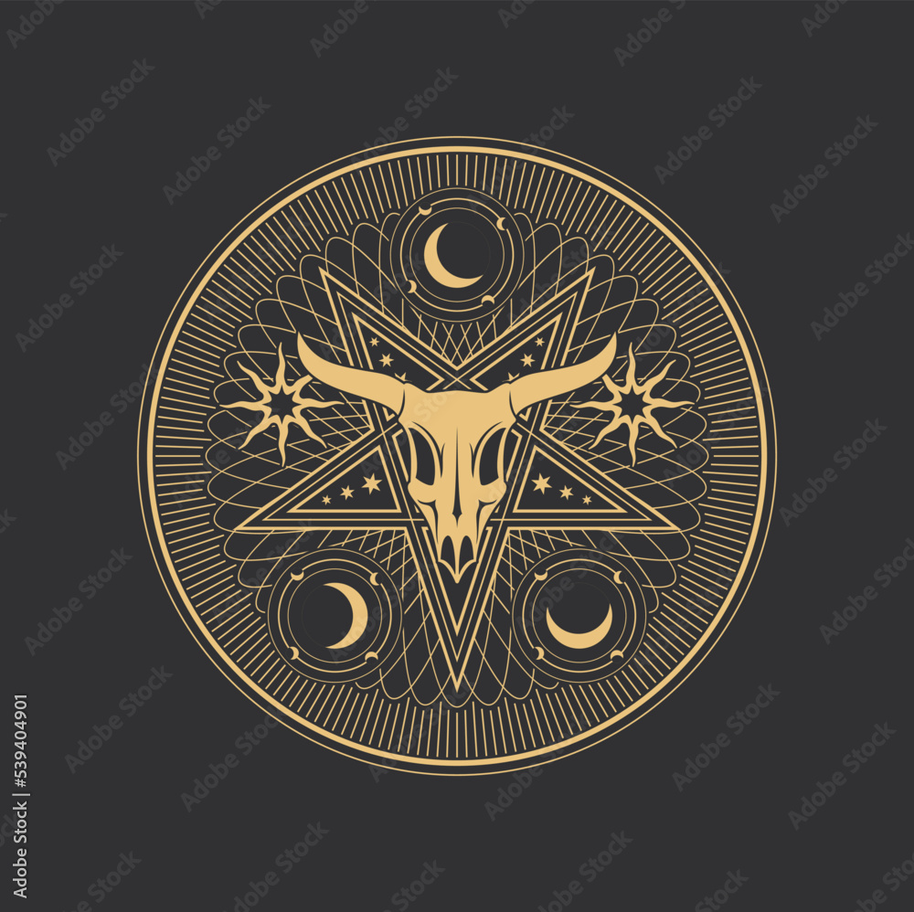 Wall mural Occult pentagram, Baphomet skull in pentacle star, esoteric tarot and magic vector symbol. Occultism, alchemy and cult ritual sign of Baphomet devil or goat skull with star and moon in occult circle