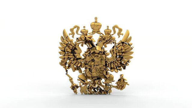 3d animation of the destruction of the golden double-headed eagle, the coat of arms of Russia. The idea of the consequences of the war in Ukraine, the collapse of the empire, the fall of the regime.