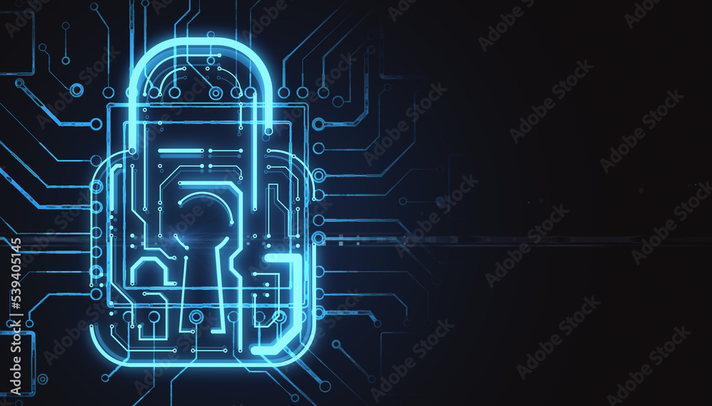 Aufkleber Cyber security concept with graphic digital illuminated lock with key hole inside on abstract dark background with space for your advertising text or logo. 3D rendering, mock up