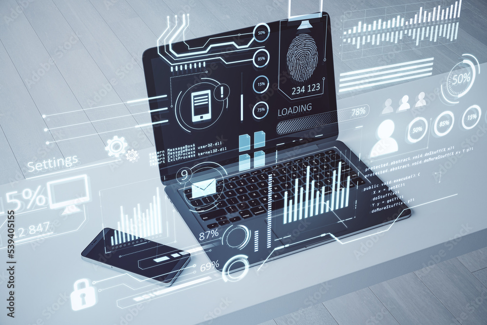 Poster Close up of desktop with laptop, smartphone and creative glowing business chart interface hologram on blurry background. Company digital data, guide and computer analysis concept. Double exposure.