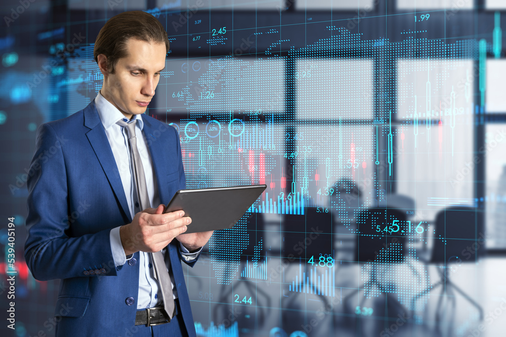 Poster corporate business and global economy concept with handsome man using digital tablet on virtual scre