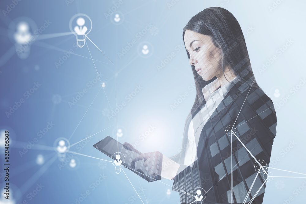 Poster businesswoman using tablet computer with abstract glowing people and light bulb network on blurry ba