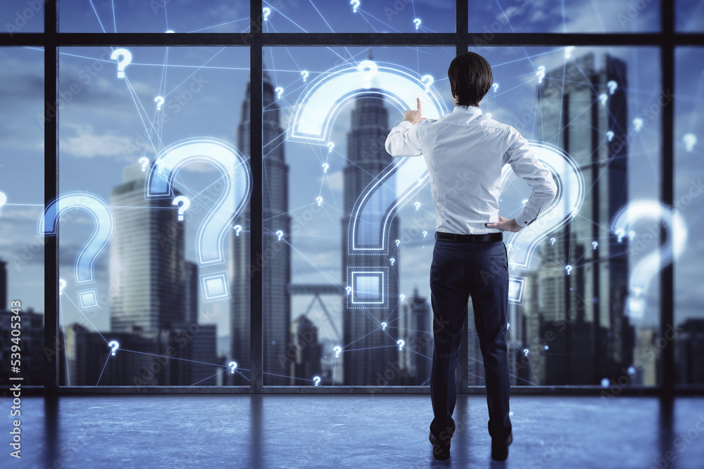 Poster back view of young businessman with glowing polygonal question mark on blurry office and window with