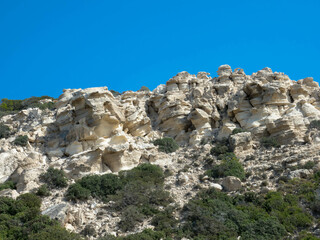 Spectacular panorama view of the bizarre rock formation on top of the Attavyros mountain. The highest mountain on the island of Rhodes. Embonas, Rhodes Island, Greece. Plenty space for text.