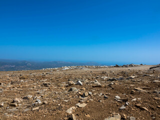 Rocks and stones on the mountain top of Attavyros mountain. Arid climate. Rhodes Island, Greece....