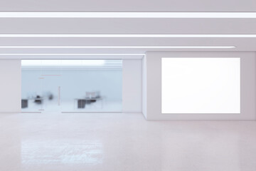 Modern white glass office interior with empty white mock up poster on empty concrete wall. 3D Rendering.