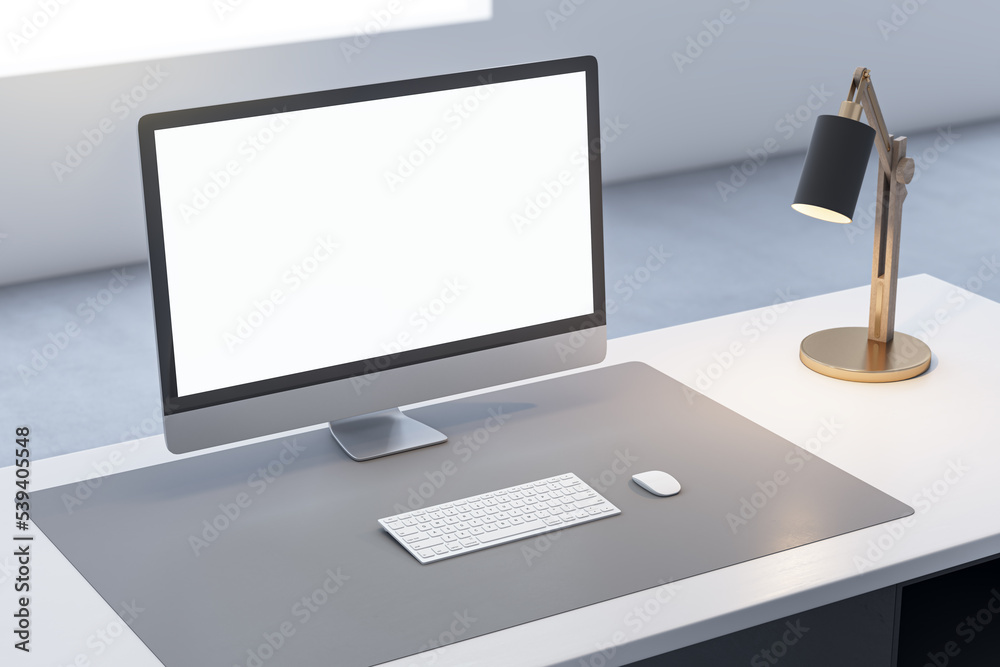 Poster Close up of office desk top with empty white computer monitor and mock up place for your advertisement, lamp and keyboard on blurry background. 3D Rendering.
