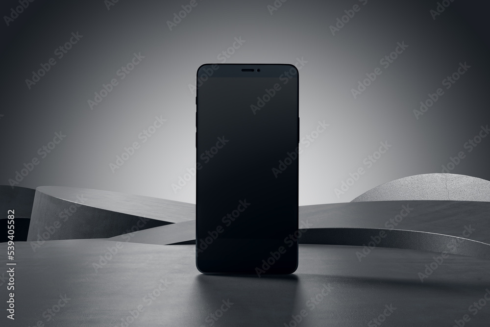 Poster perspective view on blank black modern smartphone screen with place for your logo or text on abstrac