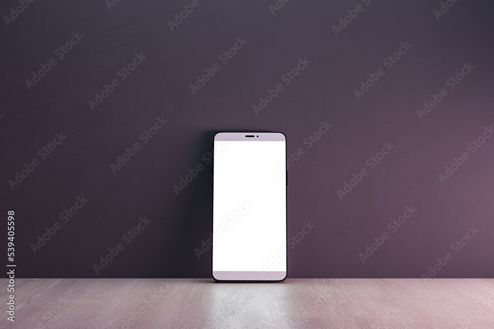 Poster Close up of empty white smartphone on dark wall and wooden surface background. Mobile app concept. 3D Rendering.