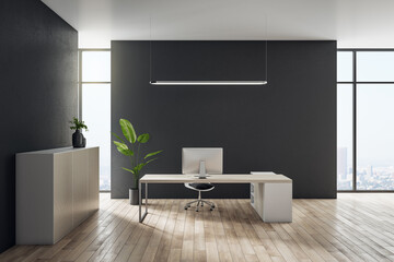 Front view on modern computer on style light table in minimalistic office interior design with wooden floor, city view from big window and black wall background. 3D rendering