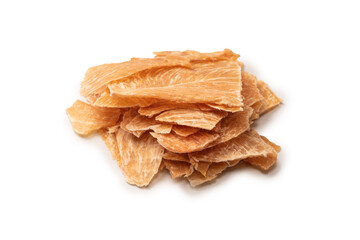 Group of tasty beer snacks. Dehydrated chicken meat slices.