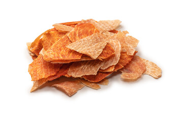 Group of tasty beer snacks. Dehydrated chicken meat slices.