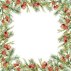 Watercolor christmas frame with evergreen branches of spruce and thuja