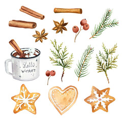 Watercolor winter set with cup of cacao, marshmallow and cinnamon. White christmas gifts and gingerbreads