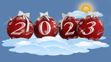 Illustrazione 3D. Anno nuovo 2023. Capodanno 2023 in numeri e con decorazione natalizia. Cielo e Nuvole.