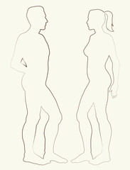 Fototapeta premium Male and female stands sideways. Vector drawing