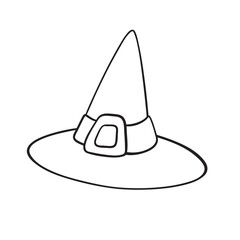 Isolated vector illustration of witch hat. Cute thin line icon for design, cover etc.