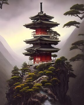 Deatiled beautifull Pagoda in misty mountains 
