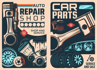 Spare parts and car service retro posters. Car maintenance shop flyer or poster, auto spare parts store, repair workshop vector banner with engine piston, tire and disc brake, spark plug, headlight