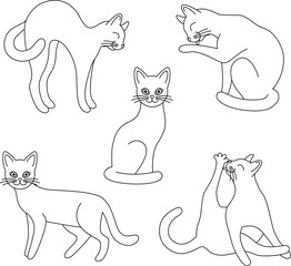 Naklejka premium Set of outline cats. Isolated black line standing, sitting, washing, playing cat on white background. Page of coloring book.
