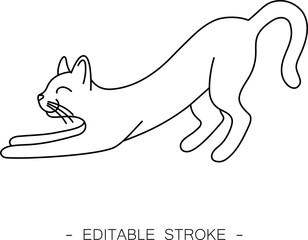 Isolated black outline cartoon stretching cat on white background. Curve lines. Page of coloring book. Editable stroke.