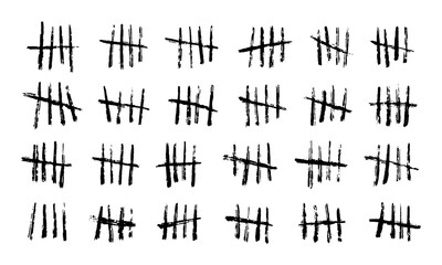 Isolated tally marks. Prison days counting wall hash symbols. Grungy tally marks or paint cross slashes vector signs set. Jail time, death waiting scratches and score brush hand drawn strokes