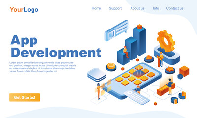 App development isometric landing page template. Creation of mobile application 3d concept. Developers create program, mobile app interface, working on software. Illustration in flat design - obrazy, fototapety, plakaty