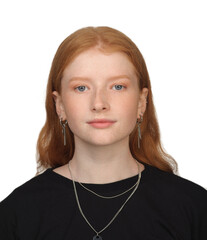 portrait of a 16 year old red-haired girl on a white background. passport photo