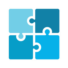 Trending flat corporate blue puzzle icon. Four blue puzzles explaining the concept of solution and strategy