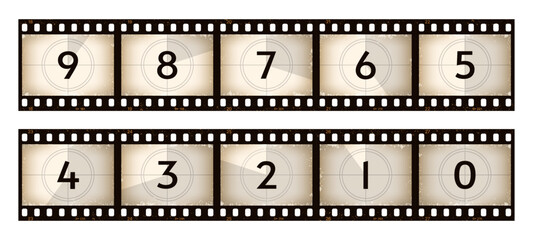 Obraz premium Movie countdown old grunge film strip. Animation start timer retro background, movie countdown negative tape frame vector sequence. Vintage video clip time count down film strip