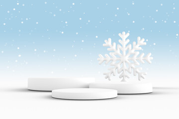 Minimal round product display podium with snowflake and falling snow on winter day. 3D rendering.