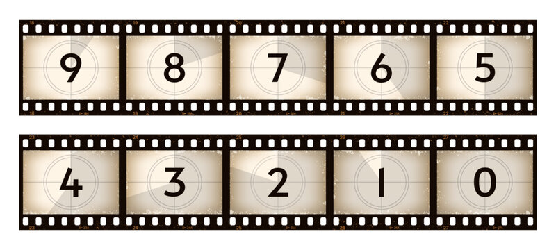 Movie countdown old grunge film strip. Animation start timer retro background, movie countdown negative tape frame vector sequence. Vintage video clip time count down film strip