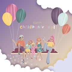 Happy world children's day cute children different ages on balloons and bubbles