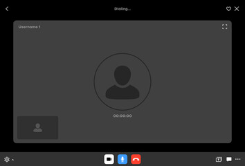 Videocall interface. Internet video conference application interface frame, videocall program display vector overlay or remote meeting app screen, window layout with icons and avatar symbol - obrazy, fototapety, plakaty