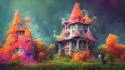 Obraz premium Halloween magical fairytale haunted treehouse castle with a colorful background.