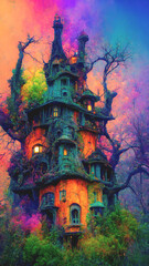 Fototapeta na wymiar Halloween magical fairytale haunted treehouse castle with a colorful background.