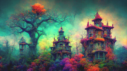 Halloween magical fairytale haunted treehouse castle with a colorful background.